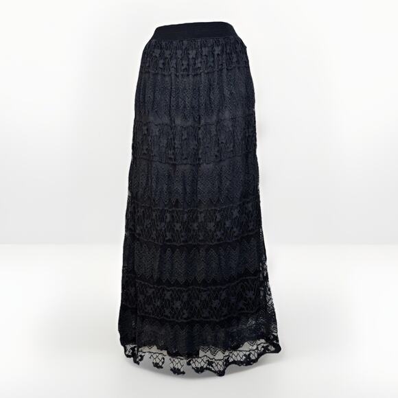 Black Lace Midi Skirt M Elastic Waist Lined Boho Fairy Goth Whimsygoth Western - Picture 1 of 10